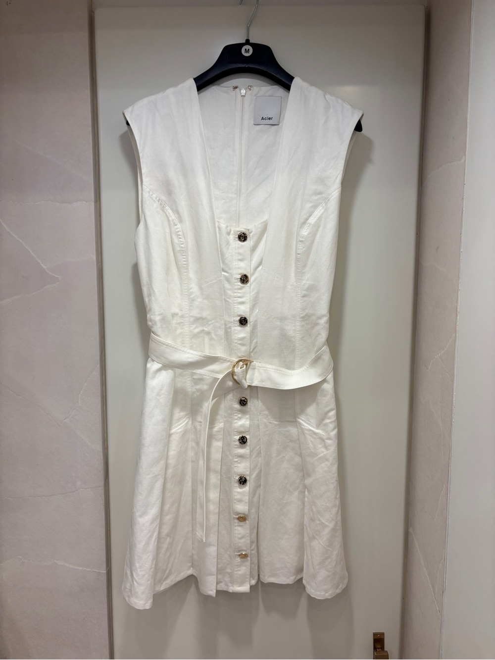 *ACLER* White Sleeveless Button-Front Belted Linen Mini Dress Size 10